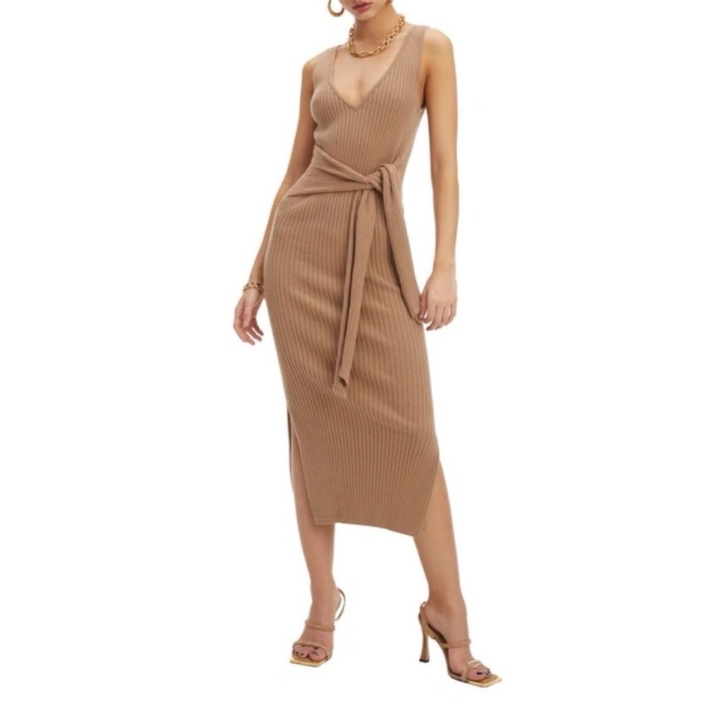 GOOD AMERICAN Sleeveless Rib Knit Tie Waist Midi Dress Taupe Tan Size 3